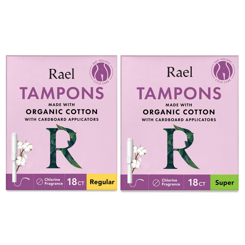 Rael Tampons Cardboard Applicator with Organic Cotton Multipack Regular and Super Absorbency Unscented Upgraded Easy Grip Biodegradable ChlorineFree 36 Count Bundle